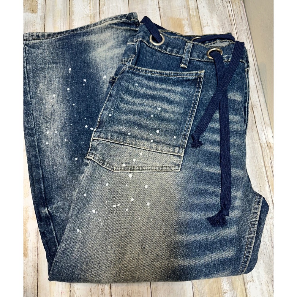 Flamingals Womens XL Wide Leg Paint Splatter Drawstring barrel baggy Jeans Blue